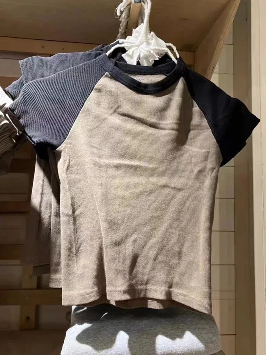 Vintage Brown Patchwork Ribbed Crop Tops Female Summer Cotton O-neck Slim Casual Short Sleeve Tee Harajuku Sweet Chic T-shirts