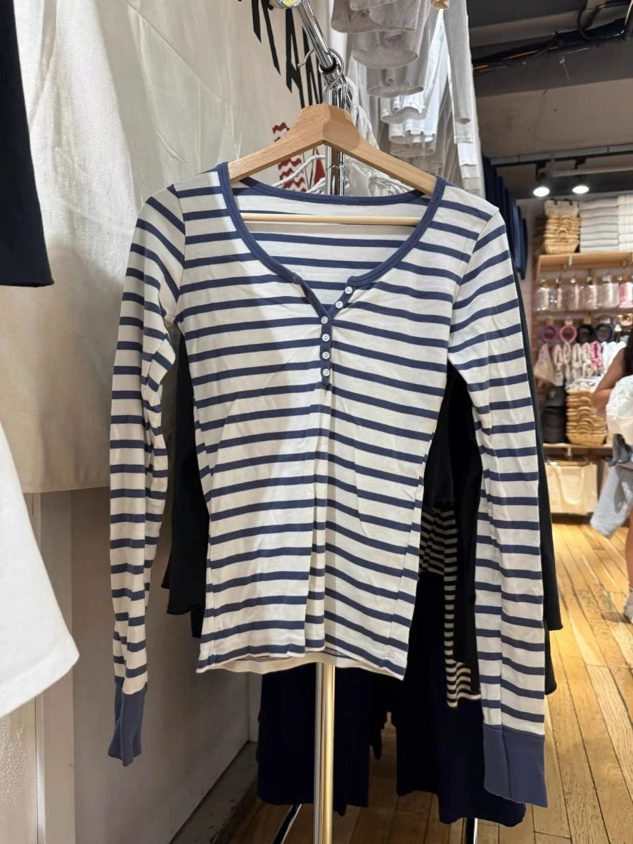 Zelly Tops Navy Striped Buttons Long Sleeve Tees Women Casual Chic Cotton T-shirt Cute Preppy Style Slim Tshirt