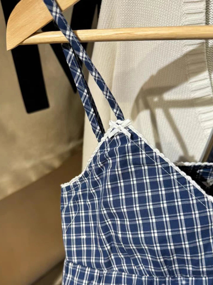 Sweet Blue Plaid Lace-up Tank Top Women Summer New Cotton Lace Trim Bow V-Neck Sleeveless Camis Vintage Cute Chic Crop Tops Y2K
