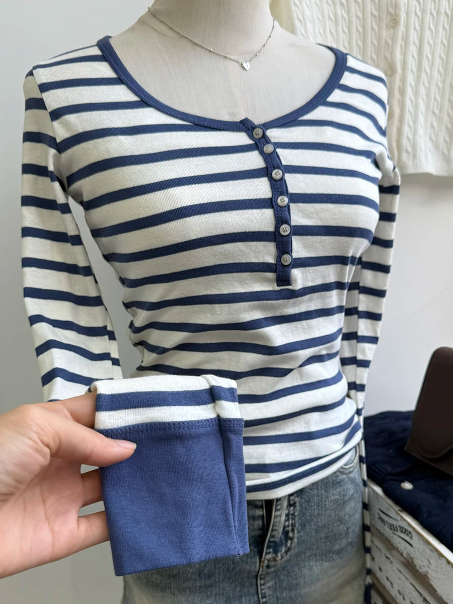 Brown Striped Long Sleeve Zelly Tops Women Casual Chic Cotton Buttons T-shirt Vintage Simple Preppy Style Slim Tshirt Y2K Tees