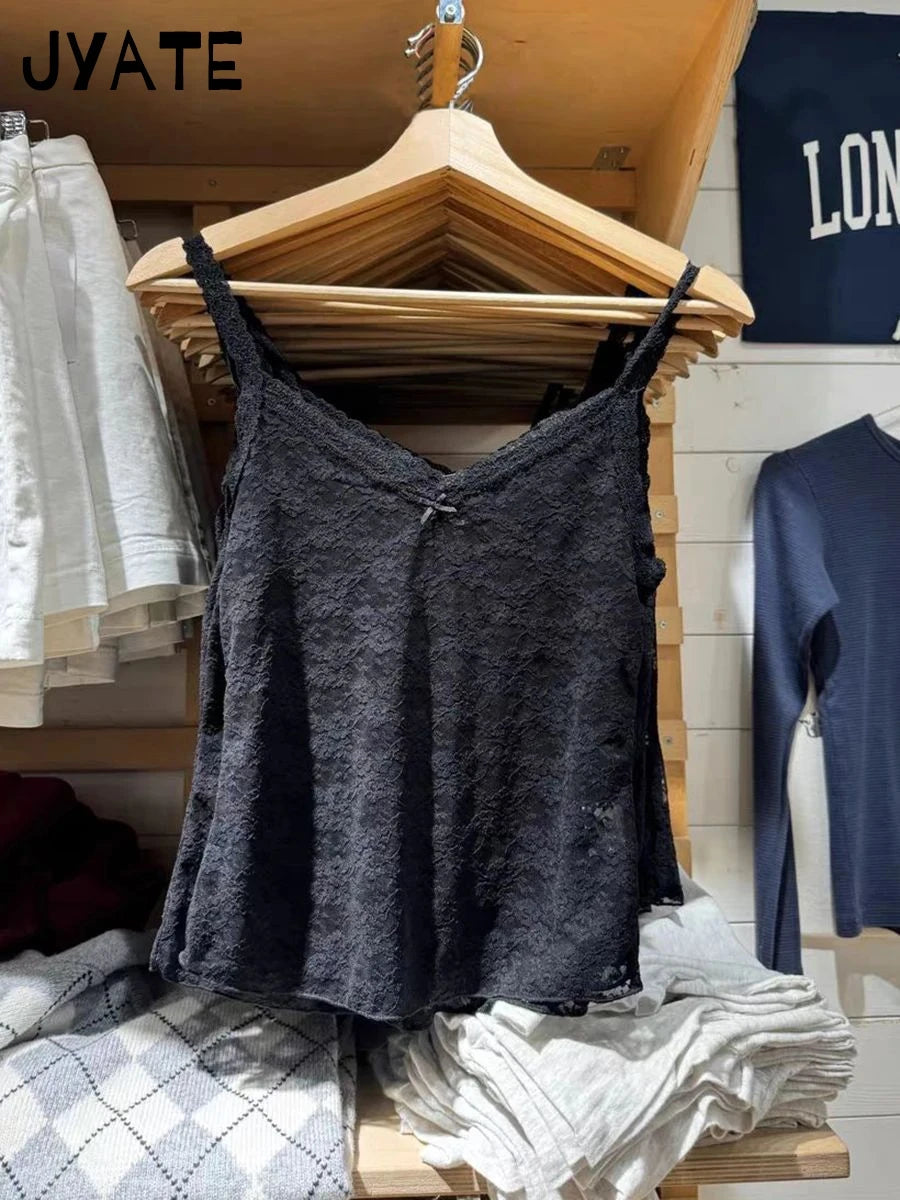 Solid Sexy Lace Sheer Bow Crop Camisole Women New Streetwear Slim Smock Preppy Style Sleeveless Vest Vintage Sweet Tank Tops Y2K