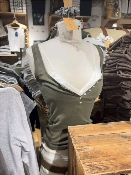 Six Buttons Army Green Slim Tank Top Woman Summer  Y2KStreetwear U Collar Sleeveless Cotton Vest American Vintage Basic Tops New