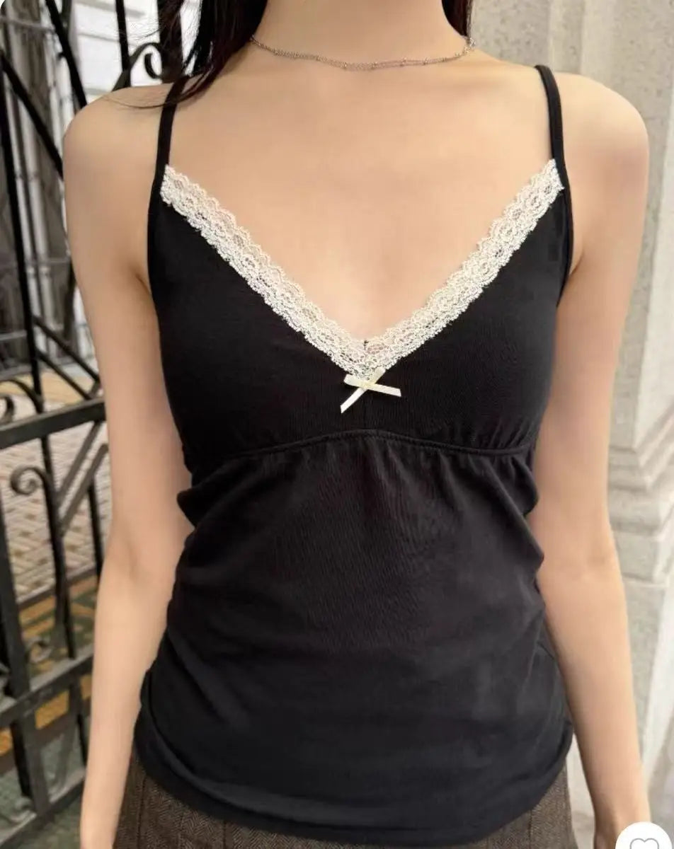 White Lace Trim Sleeveless Tank Tops Women Casual Soft Cotton V-neck Slim  Cropped Vests Vintage Sweet Cute Preppy Style  Camis