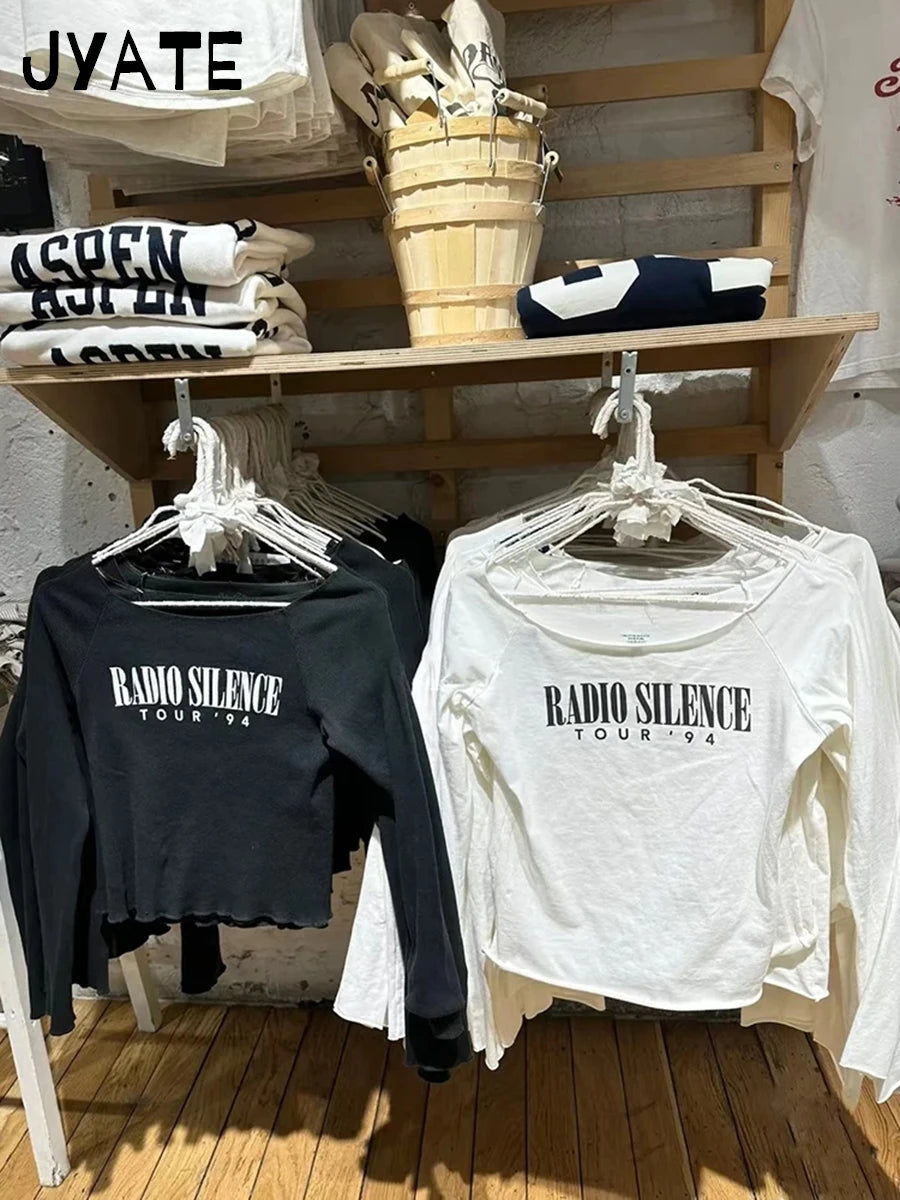 Sexy Slim Letter Print White Long Sleeveless Tees Women New Cotton Street Raw Trim Slash Neck Tops Vintage Casual Y2K T-shirts
