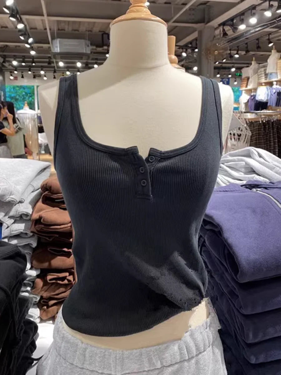 Ribbed Slim Tank Tops Woman Summer Solid Simple Cotton Three Buttons Sleeveless Top Female Casual Vintage Streetwear Y2k Vest