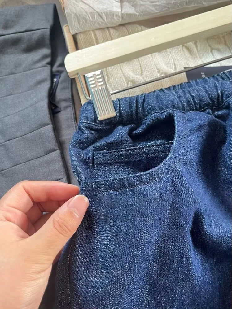 Vintage Drawstring Straight Jeans Women Summer Cotton Denim Long Pants Female Casual Streetwear All--match Deep Blue Trouser Y2K