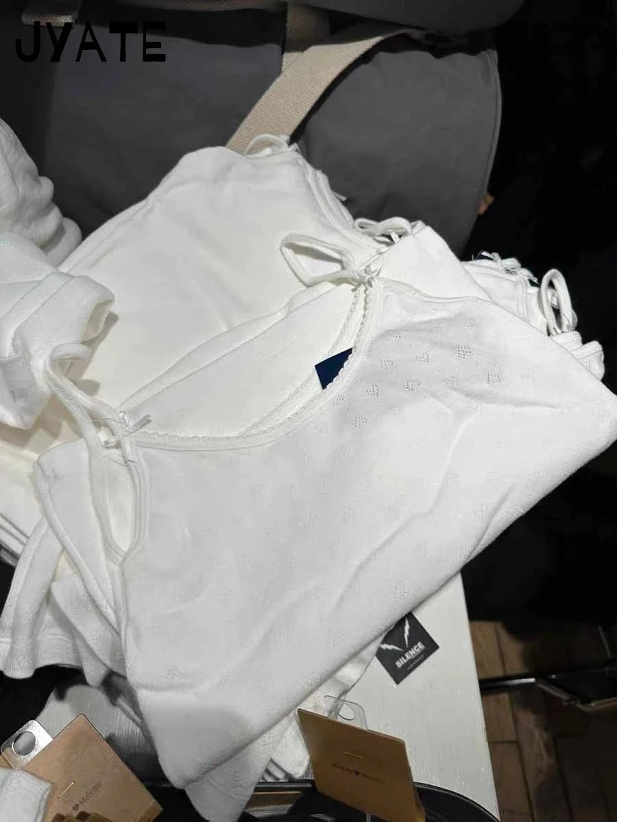Sweet White Bow Sleeveless Vest Women Summer Cotton Slim Sexy Simple Heart Hollow Out Tank Tops Sweet Vintage Cute Camisole Y2K