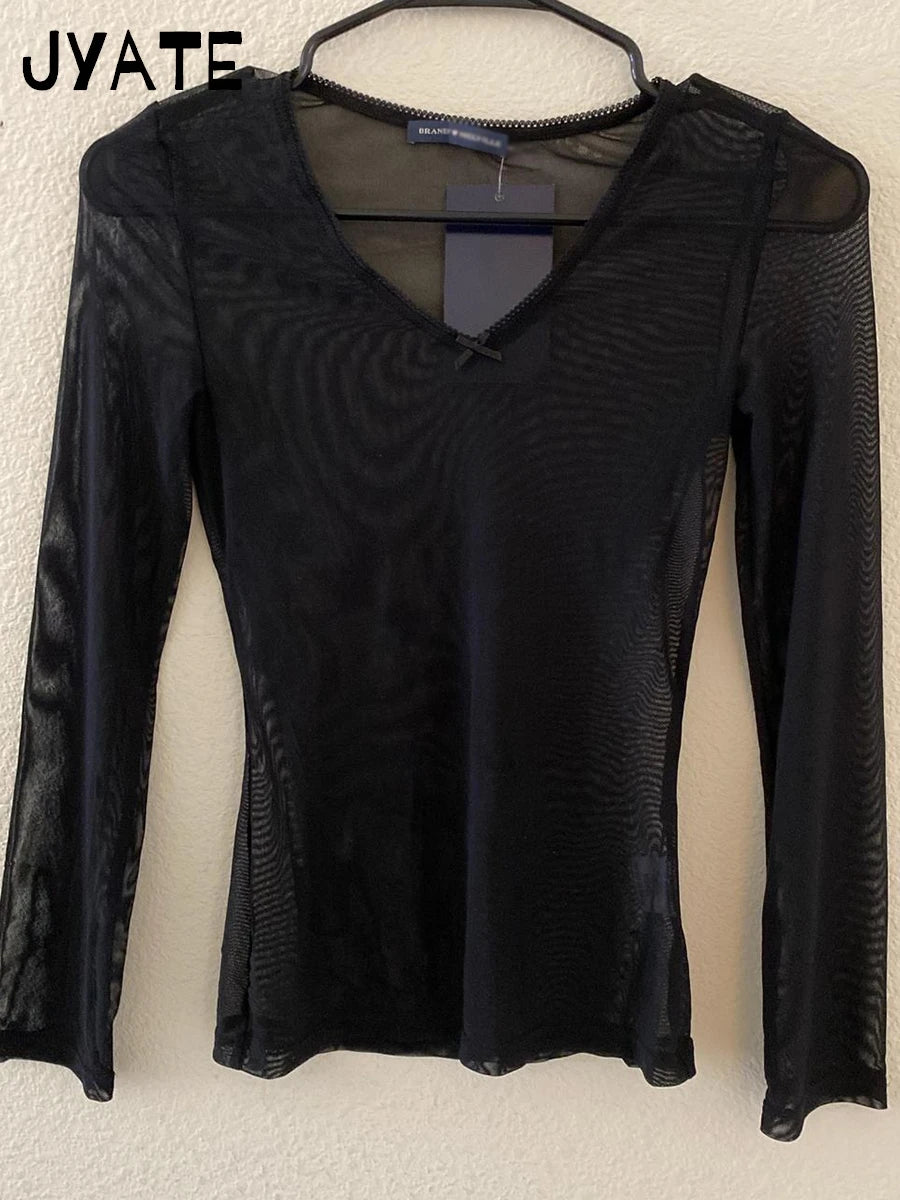 Sexy See-through Black Long Sleeve Tees Smock Women Summer New Bow V-neck Slim Tops Clothing Vintage Chic Harajuku T-shirts Y2K
