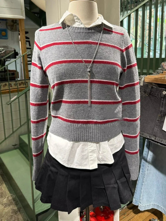 Striped Jacquard Sweaters Woman Spring Crew Neck Long Sleeve Cotton Jumper Female Casual Sweet Preppy Style Pullovers