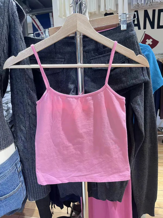 Rose Red Slim Crop Top for Woman Summer Solid Simple Cotton Basic Tank Tops Casual Preppy Style Sweet All-match Cropped Camis