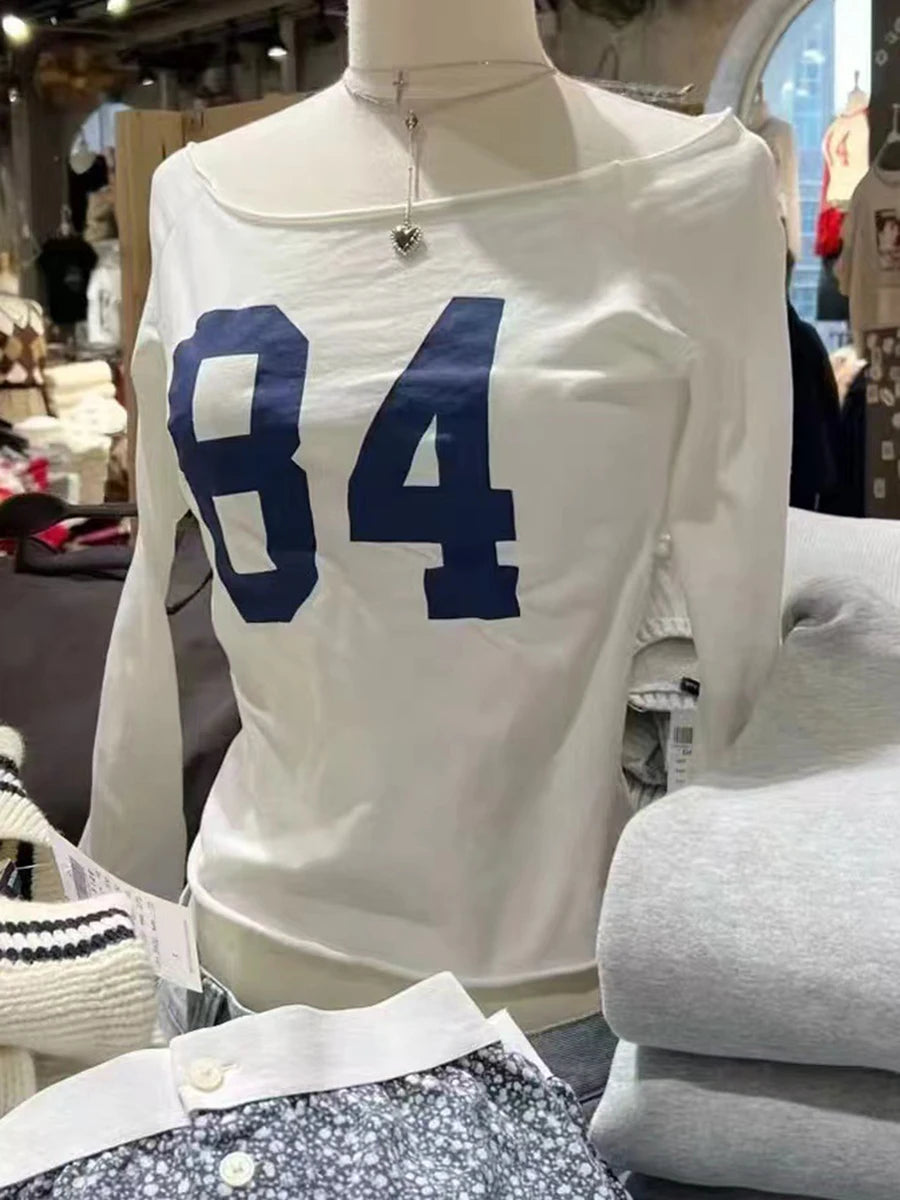 Fashion 84 Print Slim Long Sleeve Tees Women 2024 Simple Casual Raw Hem Slash Neck Tops Female Vintage Chic Sweet T-shirts Y2K