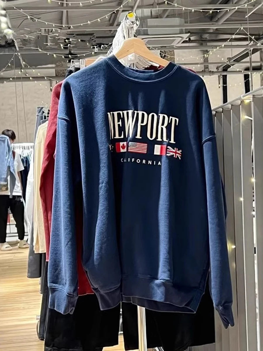 Letter Embroidery Sweatshirts Women Autumn New Casual O-neck Flag Long Sleeve Hoodies Vintage Harajuku Chic Pullover Top Y2K