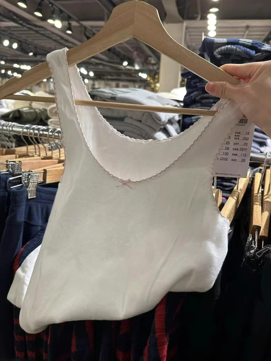 White Lace Trim Slim Tank Tops Women New Casual Cotton Soft Pink BowU-neck Sleeveless Vests Sweet Cute Preppy Style Camis Y2K