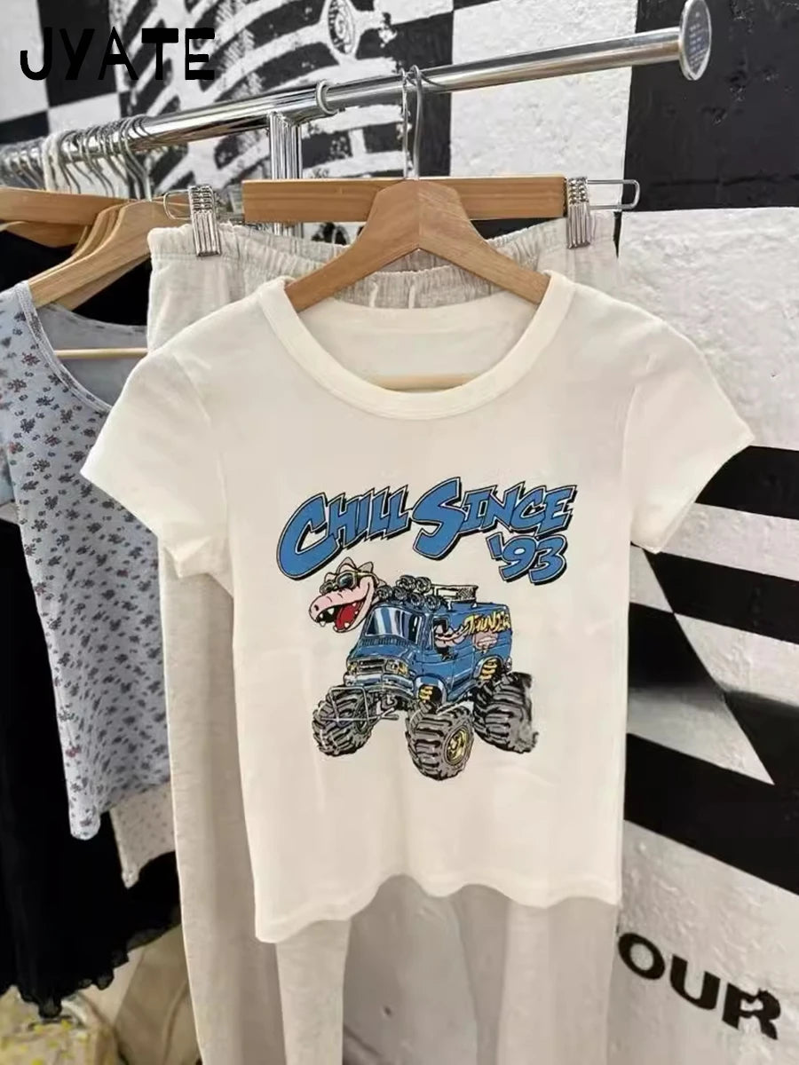 Cute Dinosaur Car Print O-neck T-shirts Women New Casual Cotton Soft Preppy Style Short Sleeve Tee Streetwear Vintage Sweet Tops