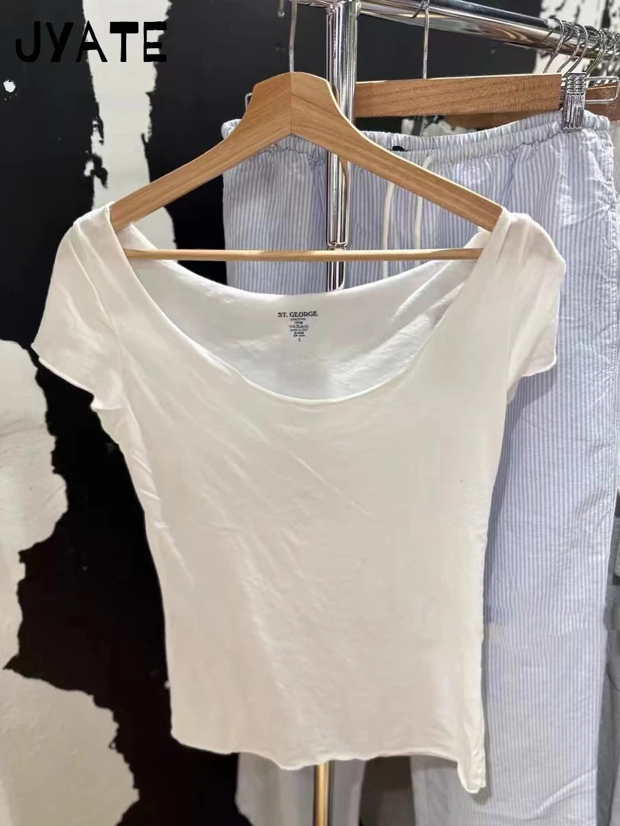 2024 New Raw Hem Slash Neck Crop Tops Women Casual Cotton Soft Simple Slim Short Sleeve Tee Female Sweet Cute Basic T-shirts Y2K