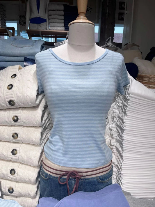 Blue Striped O-neck T-shirts Women Summer Simple Casual Streetwear Slim Short Sleeve Tees Vintage Preppy Style Sweet Tshirt Y2K