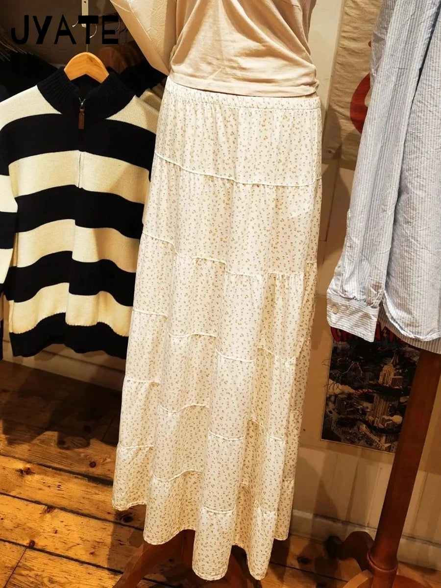 Fashion Pink Floral Print Long Skirts Women New Casual Cotton Preppy Style High Waist Maxi Skirt Sweet Vintage Loose Faldas Y2K