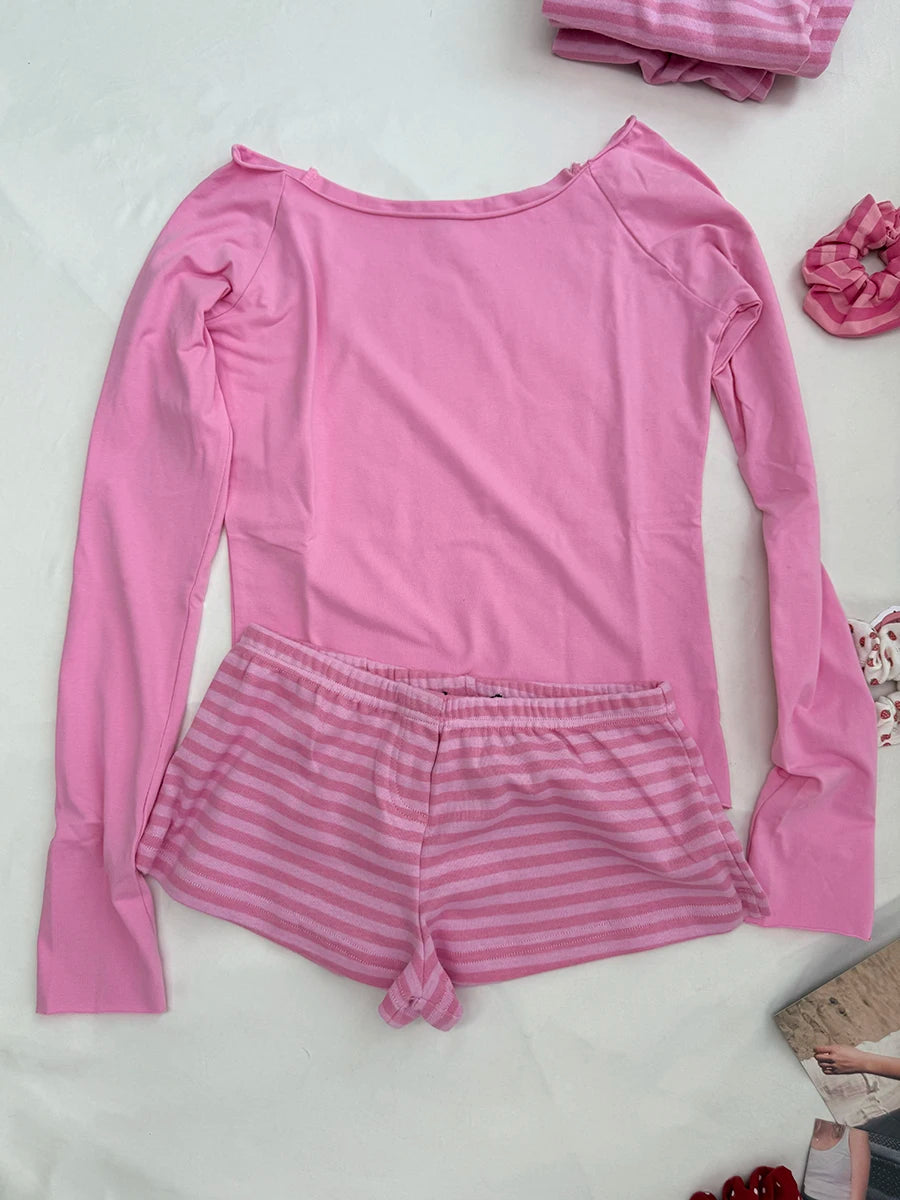 Pink Striped Buttons Long Sleeve T-shirt Shorts Set Women Cotton Home Pajama 2 Piece Sets Slim Tees+Elastic Straight Sweatshort