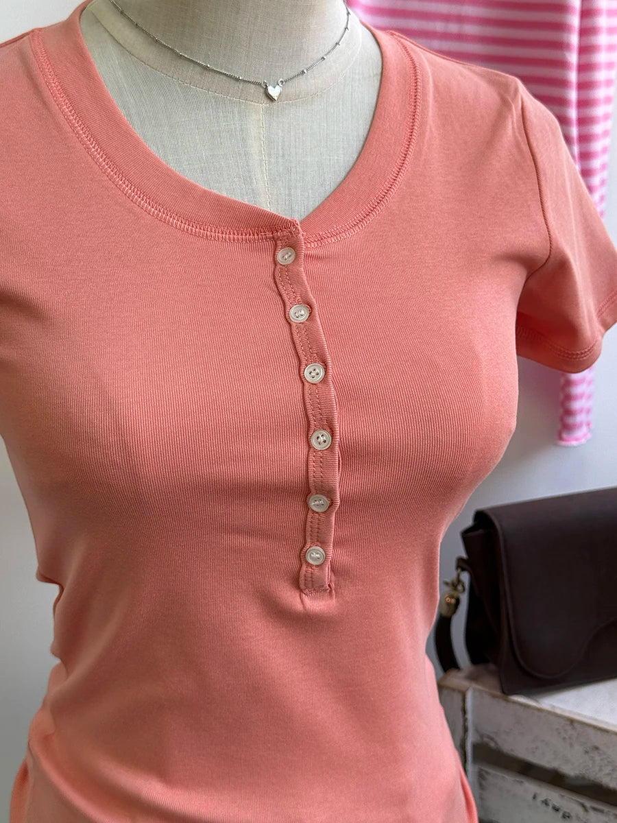 Sweet Six Buttons T-shirts Women Summer OrangeO-neck Cotton Slim Zelly Short Sleeve Tee Tops Casual Simple All-match Tshirts Y2K