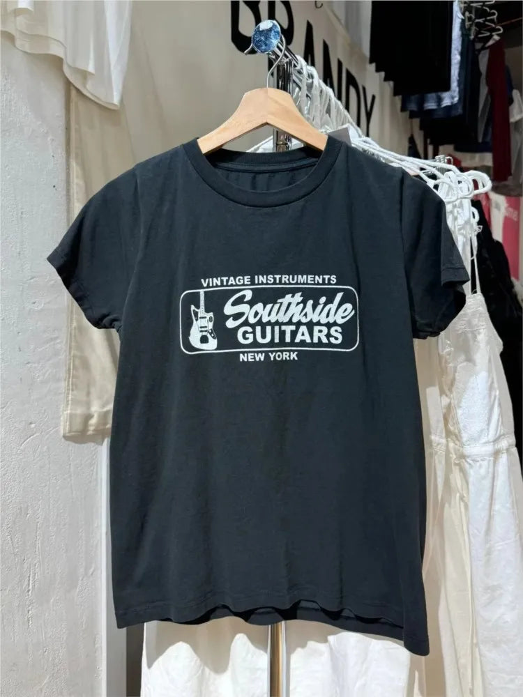 Letter Graphic Print Cotton T-shirts Women Summer O-neck Black Casual Simple Short Sleeve Tees Street Vintage Y2K Tops