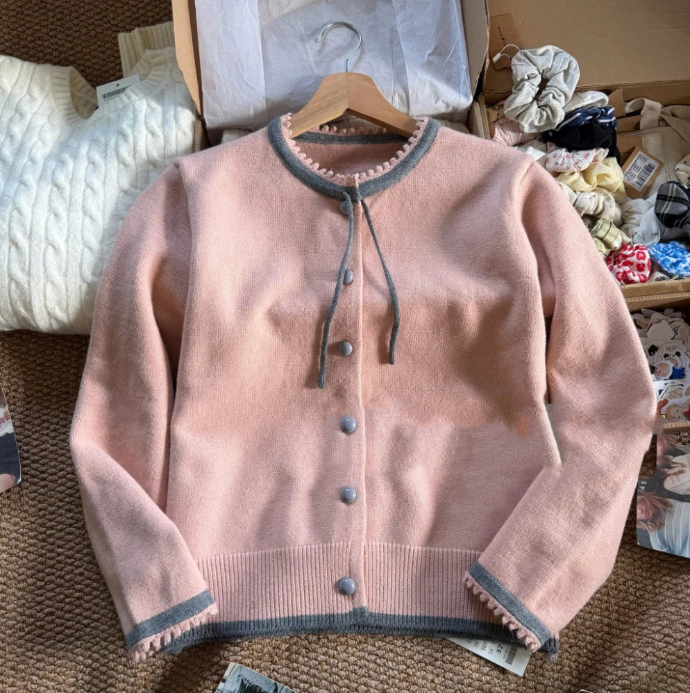 Retro Pattern Loose Knitted Cardigan Women Spring New Casual Versatile Korean Style Long Sleeve Top Sweet Chic Simple Sweater