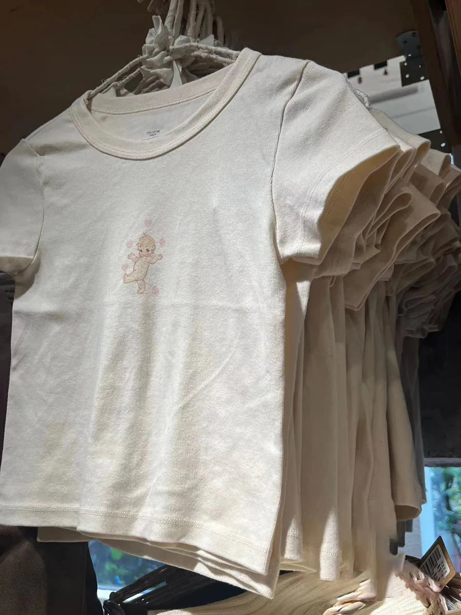 Cartoon Angel Print Cute Slim T-shirts Women Summer O-neck Cotton Harajuku Streetwear Short Sleeve Tees Sweet Chic Y2K Crop Tops