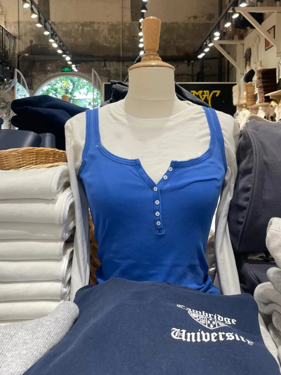 Royal Blue Six Buttons Tank Top Women Simple Casual U Collar Sleeveless Slim Cotton Vest Streetwear All-match Basic Tops Y2k