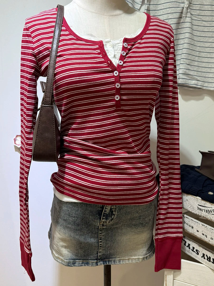 Brown Striped Long Sleeve Zelly Tops Women Casual Chic Cotton Buttons T-shirt Vintage Simple Preppy Style Slim Tshirt Y2K Tees