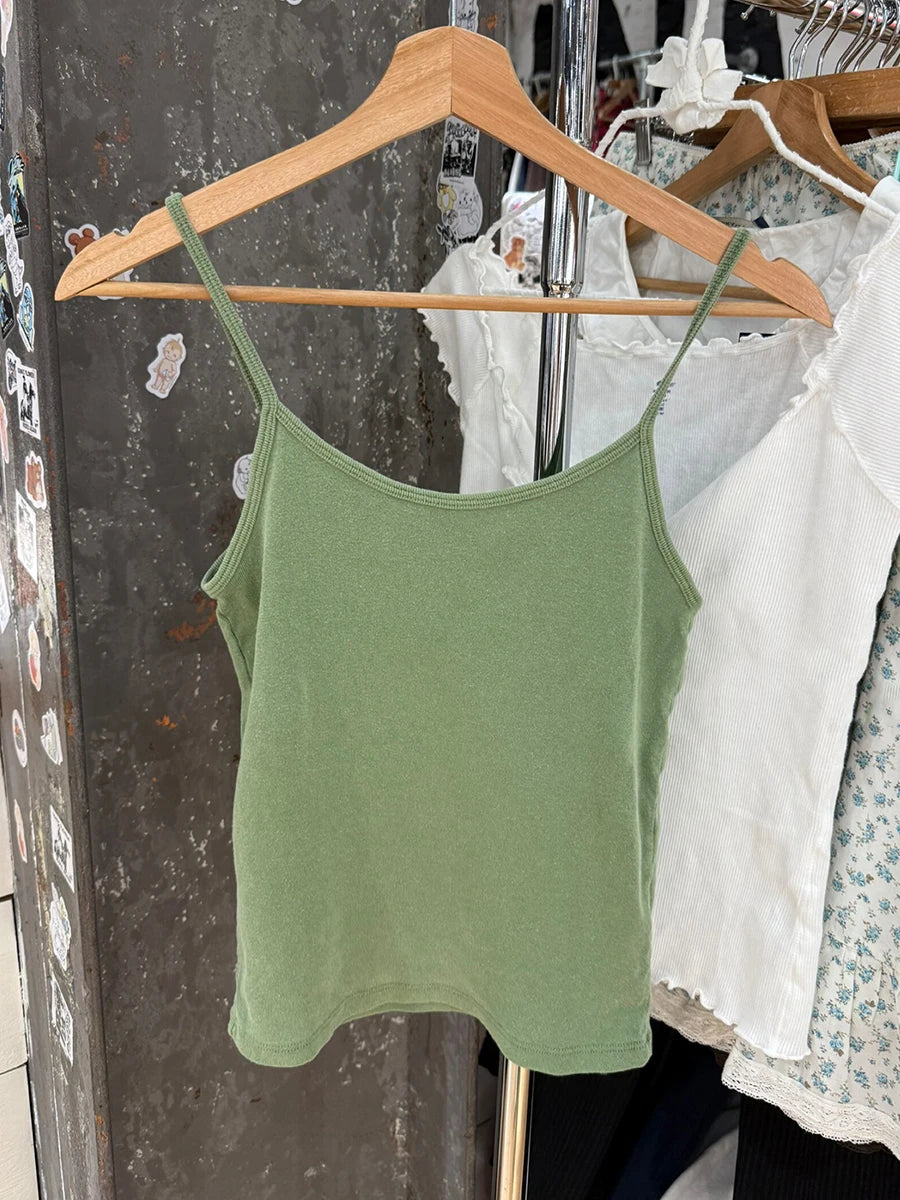 Green Slim Cotton Camisole Women Summer Streetwear Simple Basic Sleeveless Vests Female Vintage Chic Preppy Style Tank Tops Y2K
