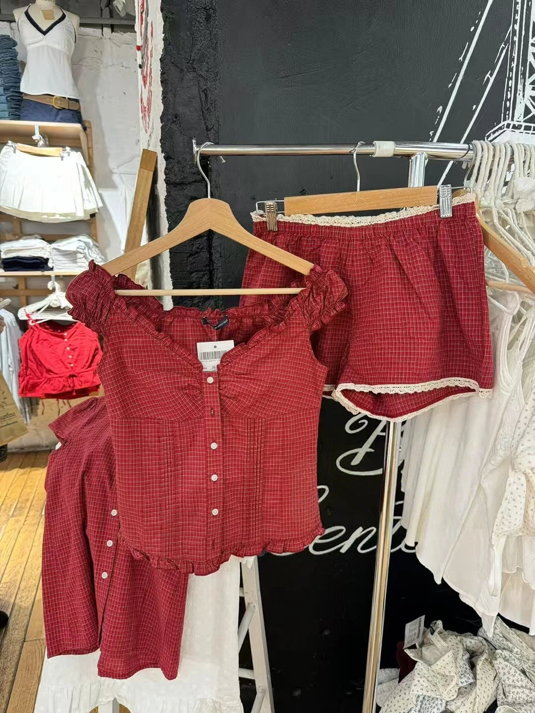 Red Plaid Lace Trim Tank Shorts Sets Women Back Lace-up Slim Camisole+Loose Sweatshorts Cute Sweet Cotton Home 2 Piece Outfits