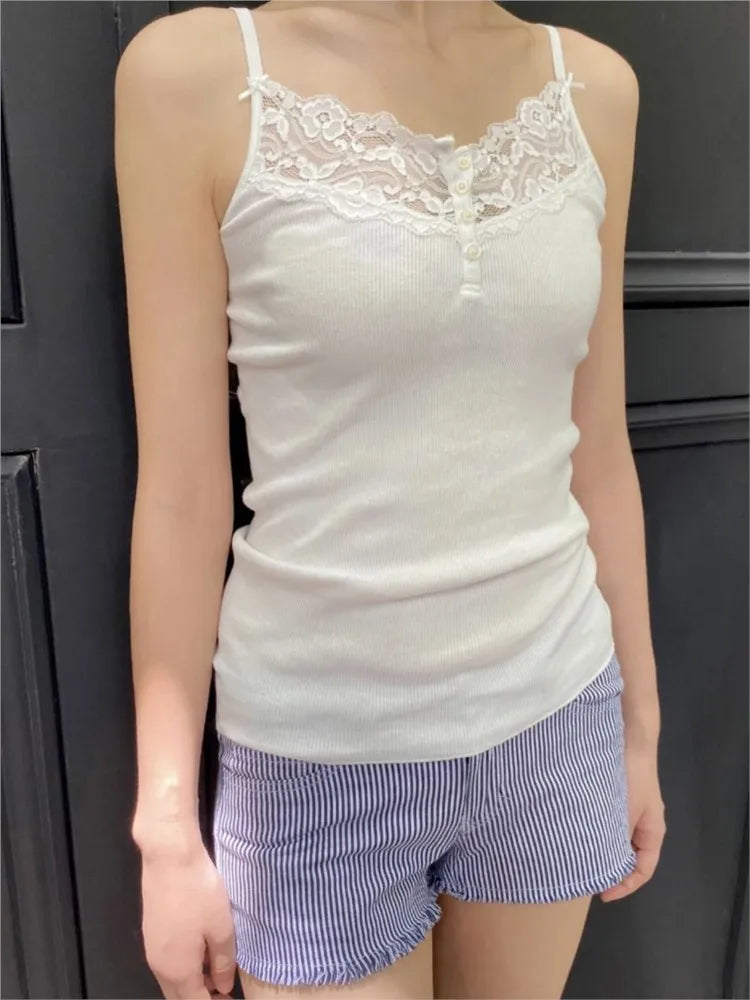 Lace Trim Four Buttons Slim Tank Top Woman Summer V-neck Sleeveless Cotton White Simple Vest Vintage Sweet Basic Camisole