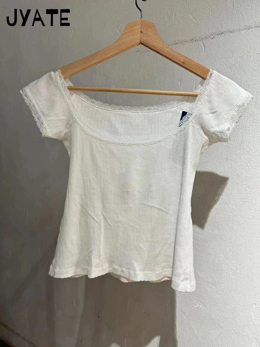 Textured Ruffle White Slim T-shirt Women Summer Lace Trim Scoop Neck Cotton Short Sleeve Tees Cute Sweet Preppy Style T-shirts