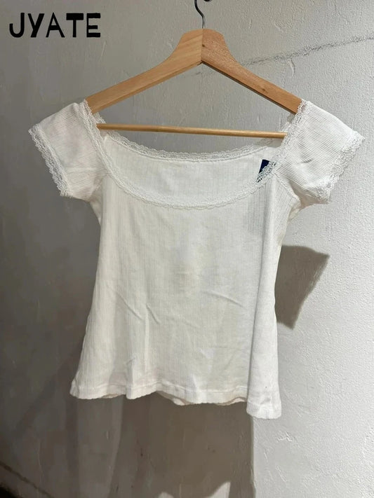 Lace Trim Square Neck Short Sleeve Tees Women New Cotton Casual Sexy Slim Simple Crop Tops Sweet Cute Vintage Basic T-shirts Y2K