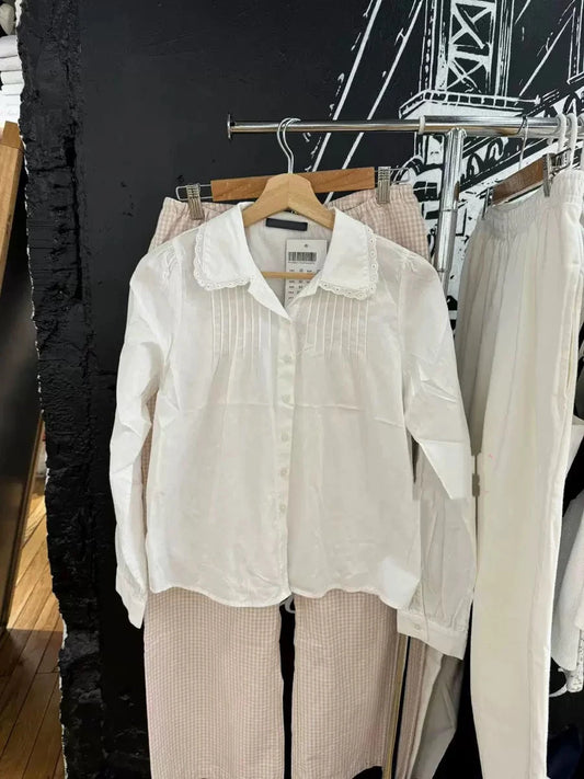 Sweet Lace Trim Collar Buttons Blouse T-shirts Women White Slim Casual Long Sleeve Tees Girls Cute Preppy Style Y2K Crop Tops