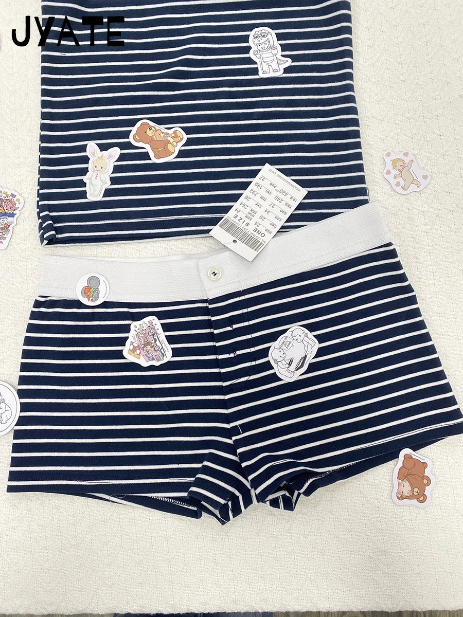 Navy Striped T-shirts Shorts 2 Pieces Set Women New Slim Cotton Soft O-neck Tee+Button Straight Short Pant Sweet Pajama Sets Y2K