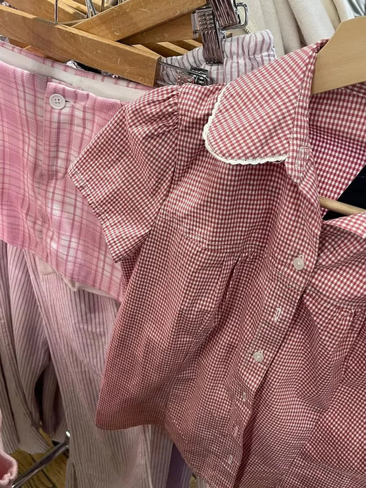 Cute Pink Plaid Peter Pan Collar Blouse Women New Casual Streetwear Buttons Short Sleeve Tee Sweet Preppy Style T-shirts Y2K Top