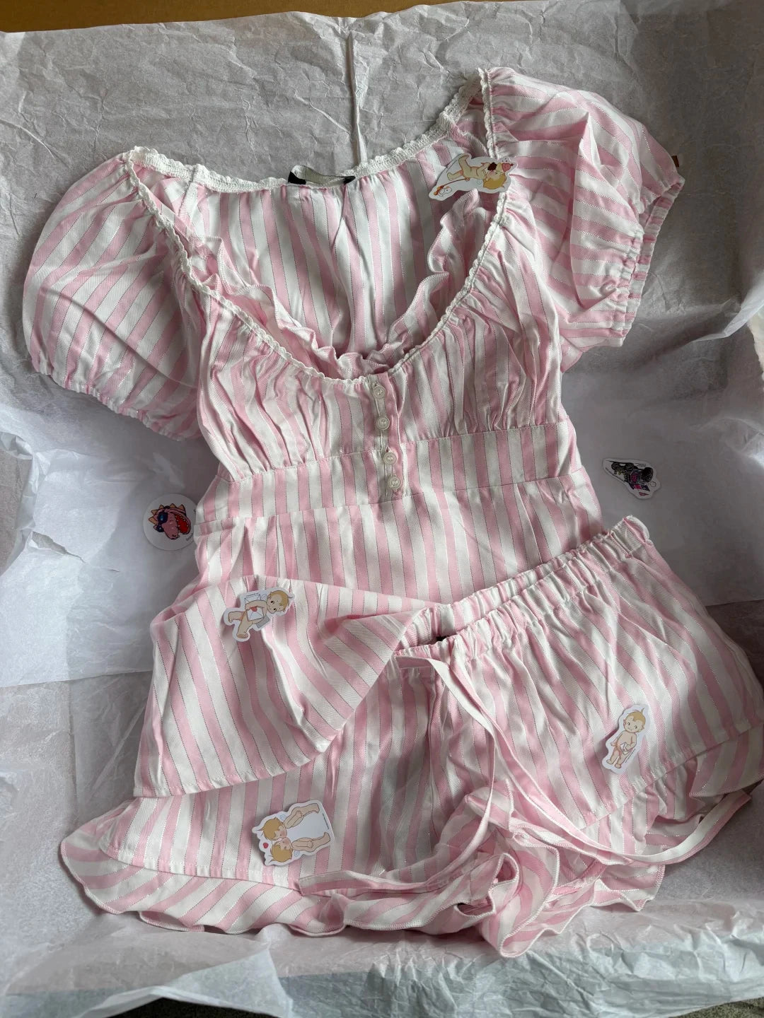 Pink Striped Silver Line Blouse Sets Women Lace Trim Casual Camisole+Drawstring Short Pants Sweet Cute Home Outfits Collection