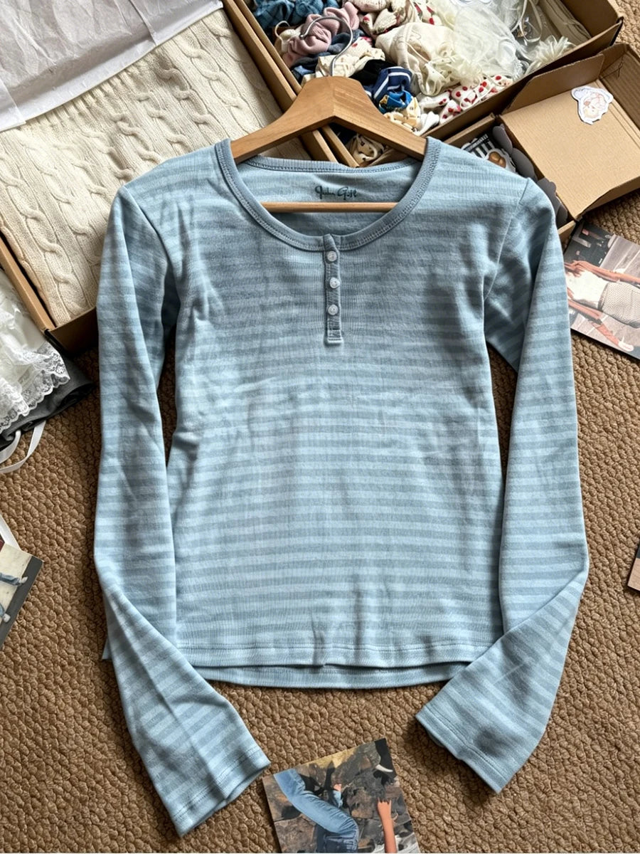 Blue Striped Slim Long Sleeve Tees Women Spring Casual Cotton O-neck Tshirt New Tops Clothes Sweet Cute  Vintage T-shirts Y2K