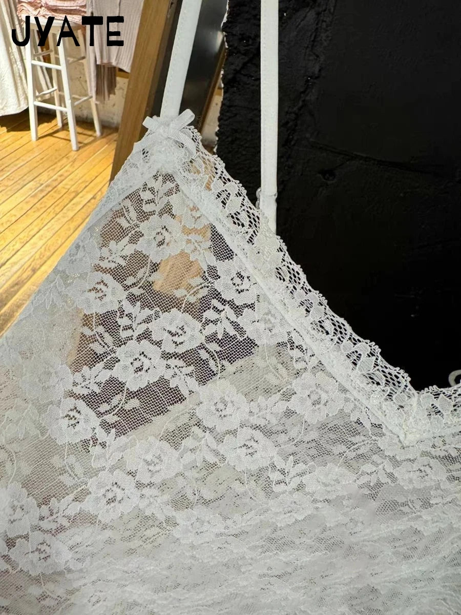 White Lace Bow Transparent Tank Tops Women Summer New Streetwear Sleeveless V-neck Thin Slim Vest Sweet Vintage Sexy Camis Y2K