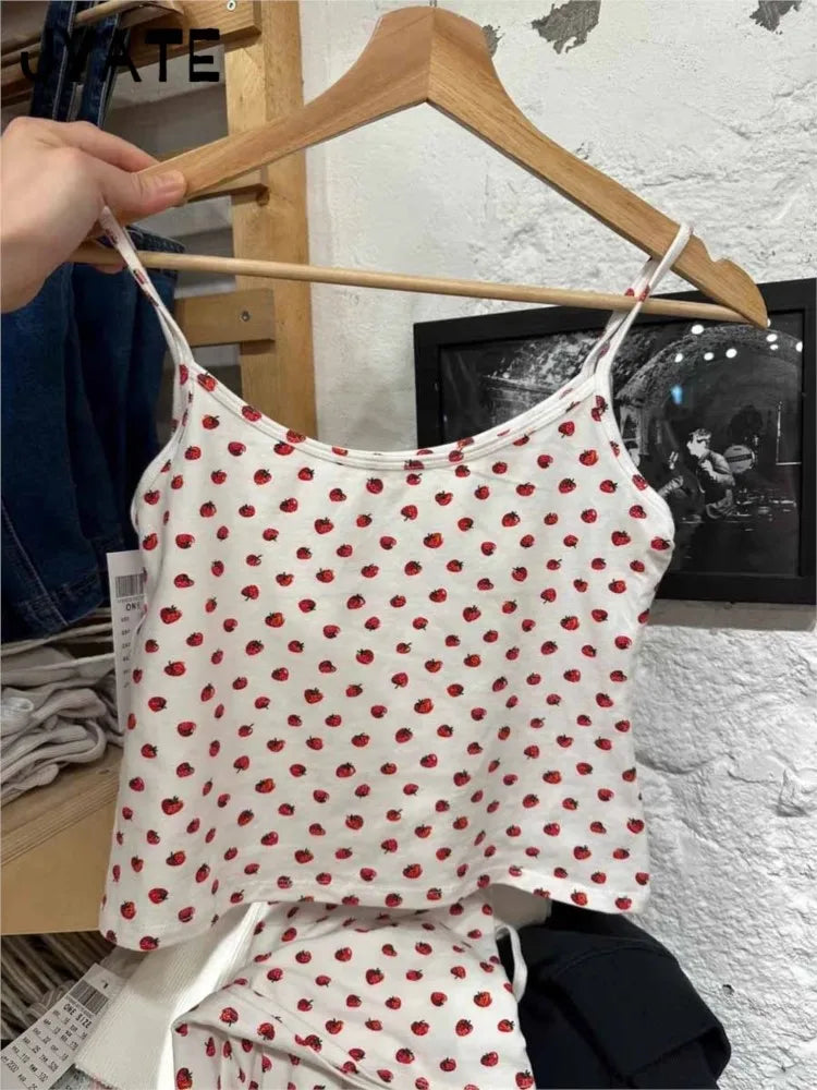 Women's New Strawberry Print Tank Tops Summer Cotton Simple Streetwear Casual Slim Sleeveless Vests Sweet Cute Vintage Camis Y2K