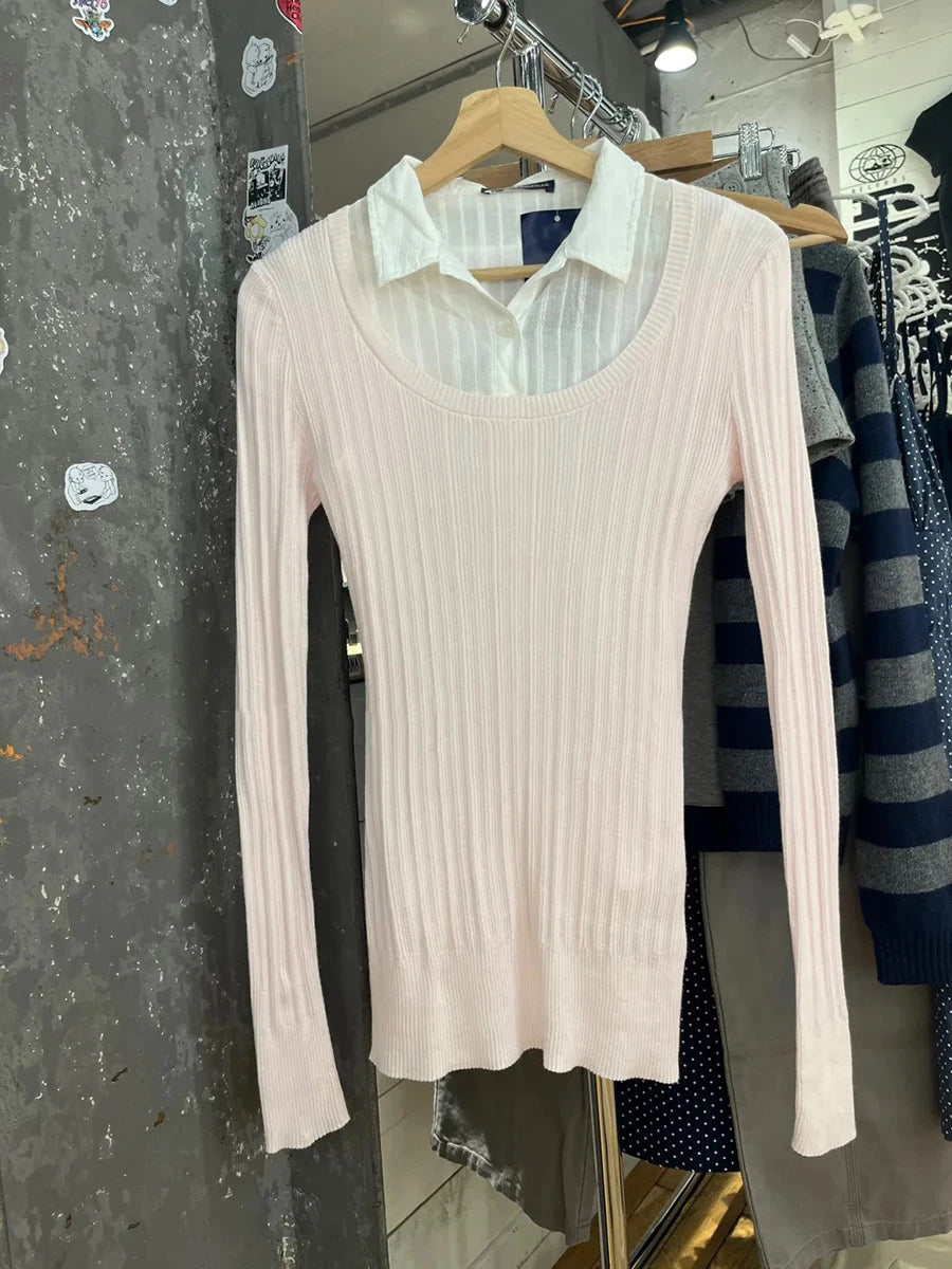 Pink Knit Slim Long Sleeve Tees Women Autumn New Fashion U-neck Cotton Soft T-shirt Cute Preppy Style  Casual T Shirt Y2K Top