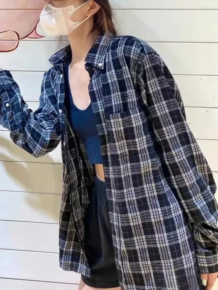 Navy Plaid Long Sleeve Tees Blouse Women New Loose Casual Single-breasted Lapel Tops American Vintage Chic Simple T-shirts Y2K