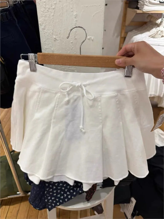 Sweet White Lace-up Pleated Skirt Women Summer Casual Elastic Waist Cotton Sports Skirts Faldas Vintage All-match A-line Short