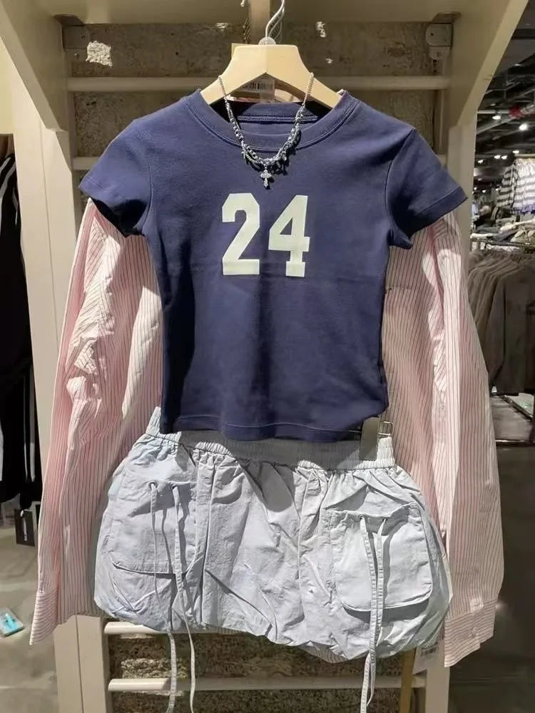 NO.14 Print Slim Navy T-shirts Women New Cotton Casual O-neck Short Sleeve Tees Girl American Vintage Streetwear Tshirt Y2K Tops