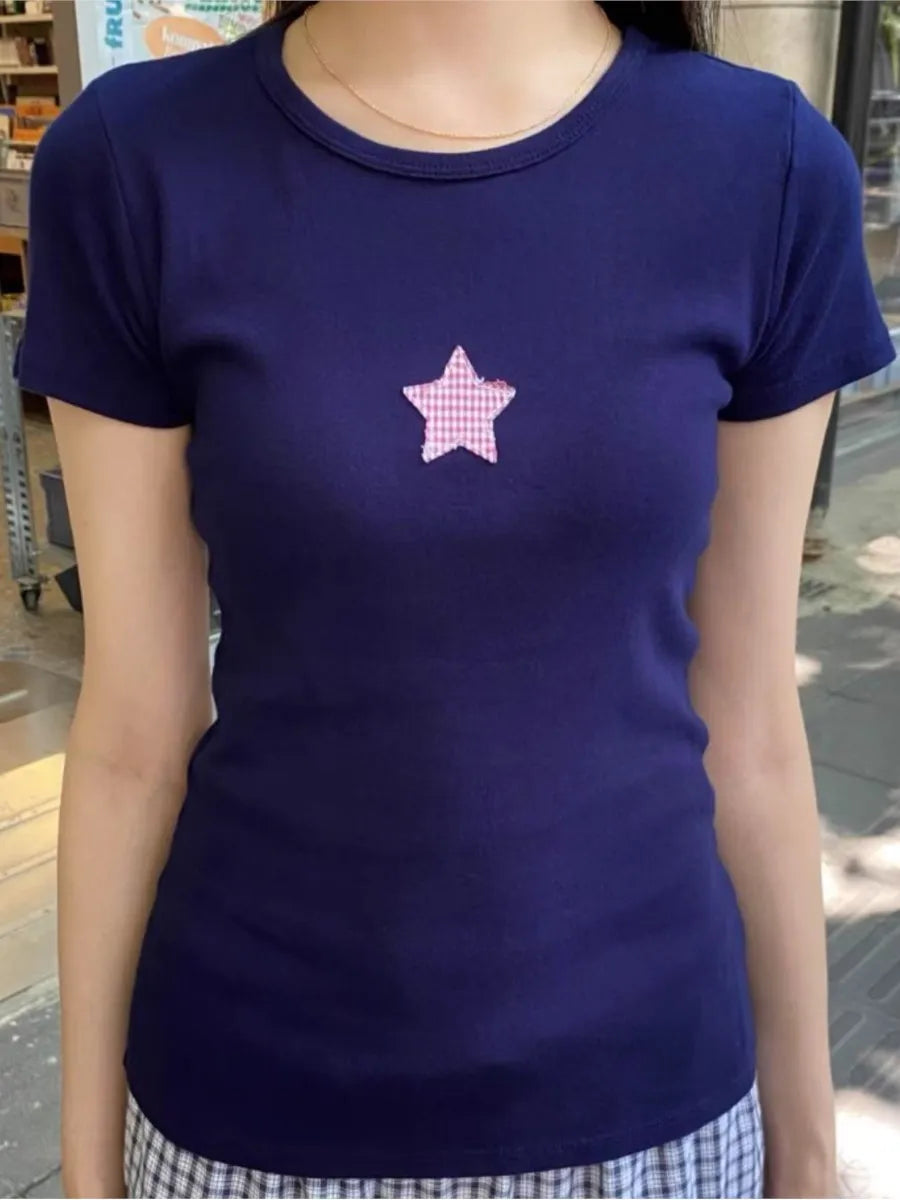 Star Appliques Navy T-shirt Women Summer Cotton O-neck Short Sleeve Tee Shirts Female Sweet Cute Preppy Style Tshirt Y2K Tops