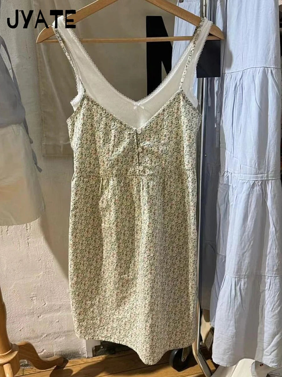 Lace Trim White A-line Dress Women New Elastic Waist V-neck Sleeveless Mini Dresses Vintage Preppy Style Sweet Short Vestido Y2K