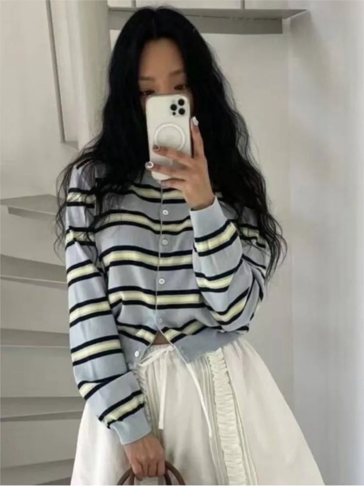 Classic Striped Knitted Cardigan Women's Autumn Round Neck Cotton Soft Design Button Sweater Vintage Sweet Preppy Style Sweaters