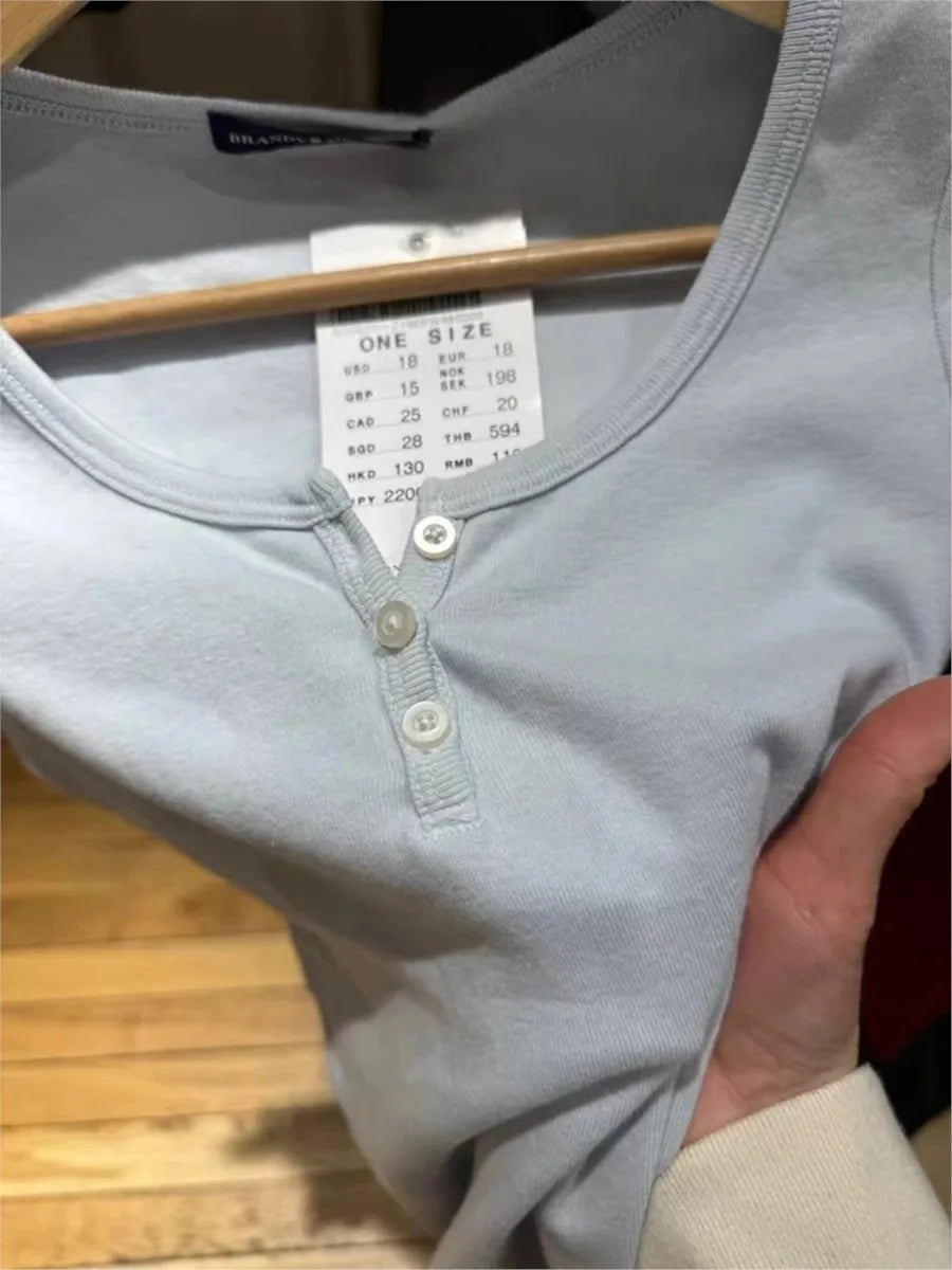 Blue Three Buttons Slim Crop Top Women Casual O-neck Cotton Short Sleeve T Shirt Grils Vintage Sweet Preppy Style Basic T-shirts