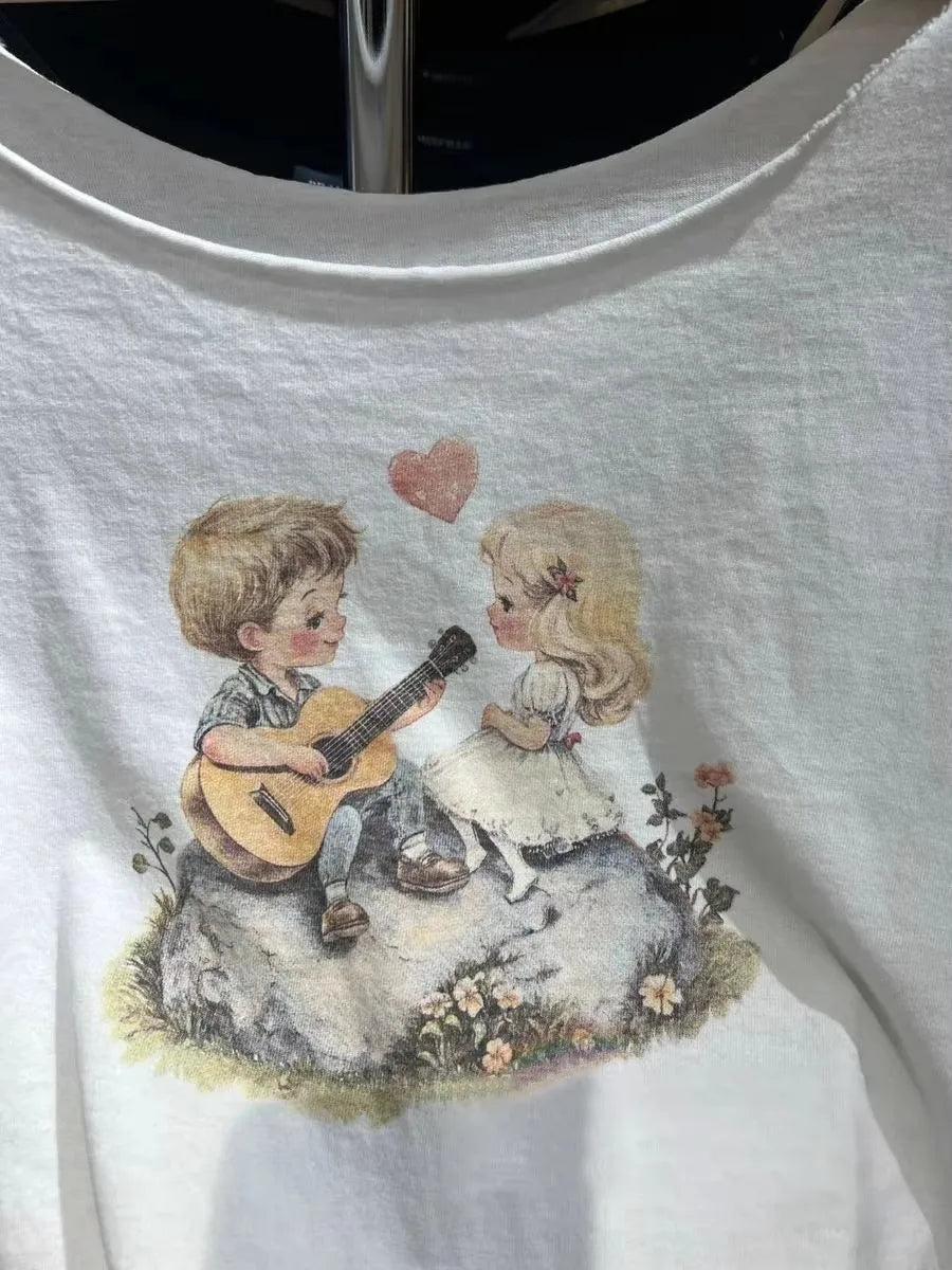 Guitar Print Slash Neck Crop Tops Women Summer New Streetwear Cotton Slim Raw Hem Short Sleeve Tee Sweet Vintage Cute T-shirts