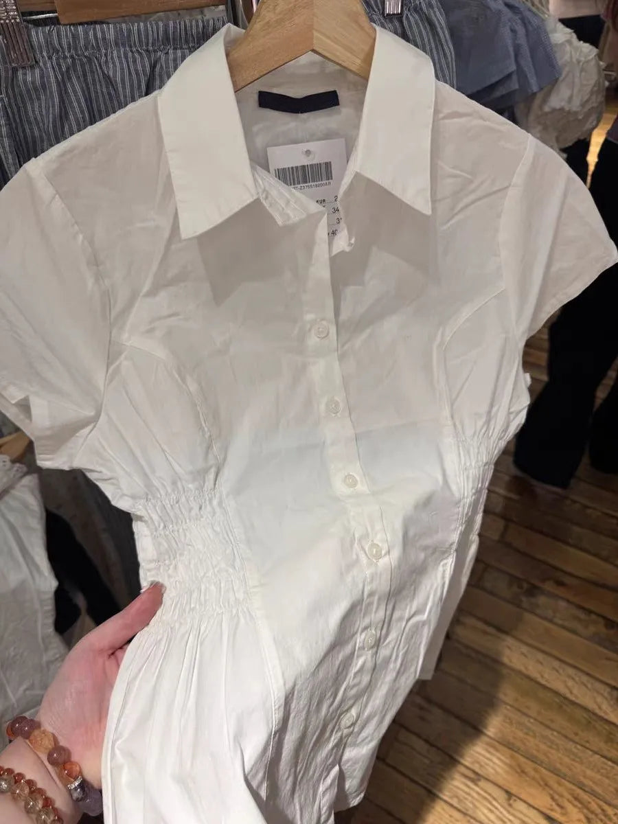 White Elastic Waist Slim T-shirt Blouse Woman Summer Turn Down Collar Short Sleeve Shirts Female Casual Simple Preppy Style Tees